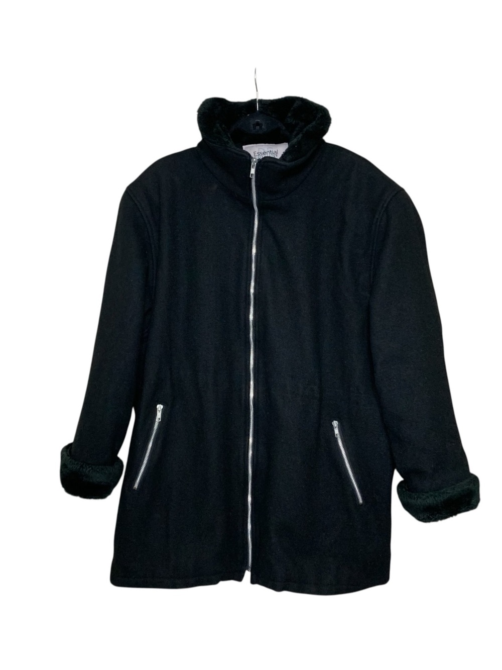 Vintage Black Pea Coat Wool Blend Full Zip Oversized 2XL Teddy Fur Trim